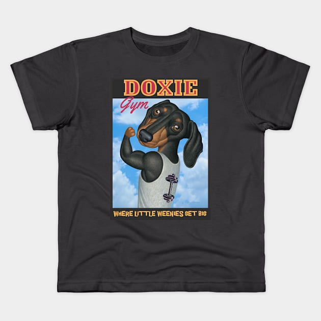 Cute Doxie at the gym where little weenies get big Kids T-Shirt by Danny Gordon Art